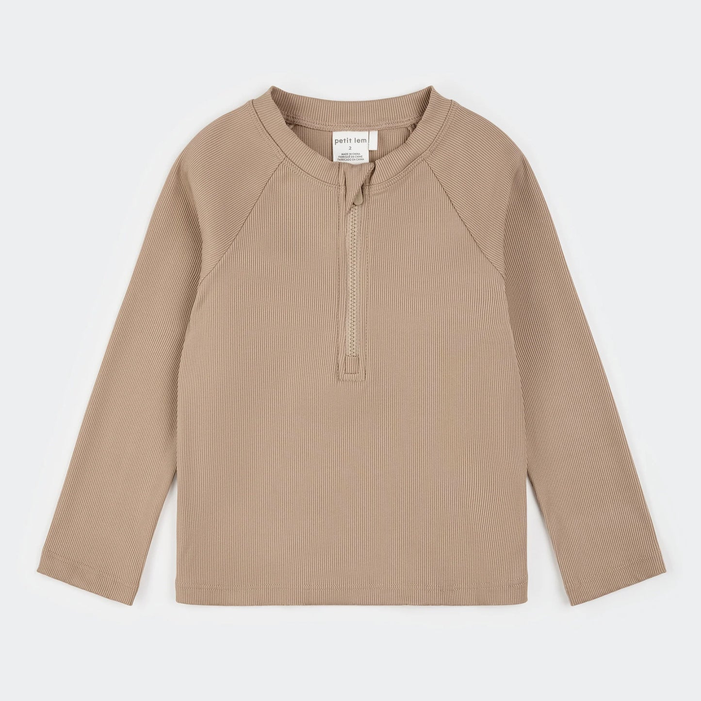Beige long-sleeve shirt with a quarter zip on a white background