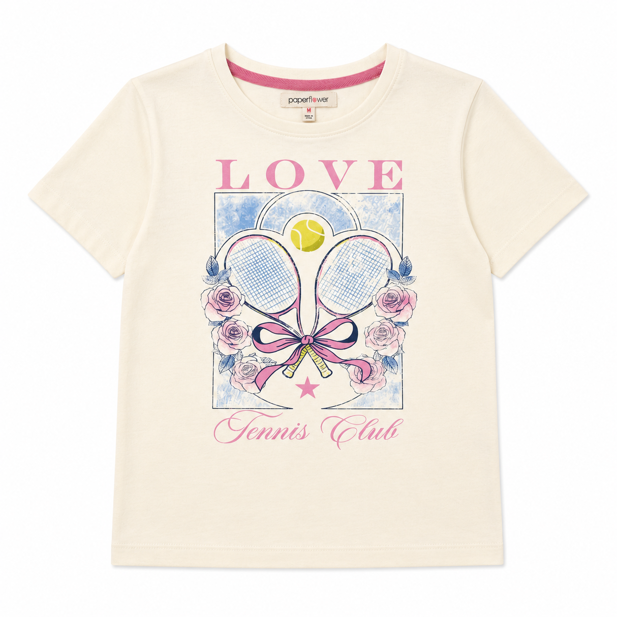 White t-shirt with tennis-themed design featuring 'LOVE Tennis Club' on a white background