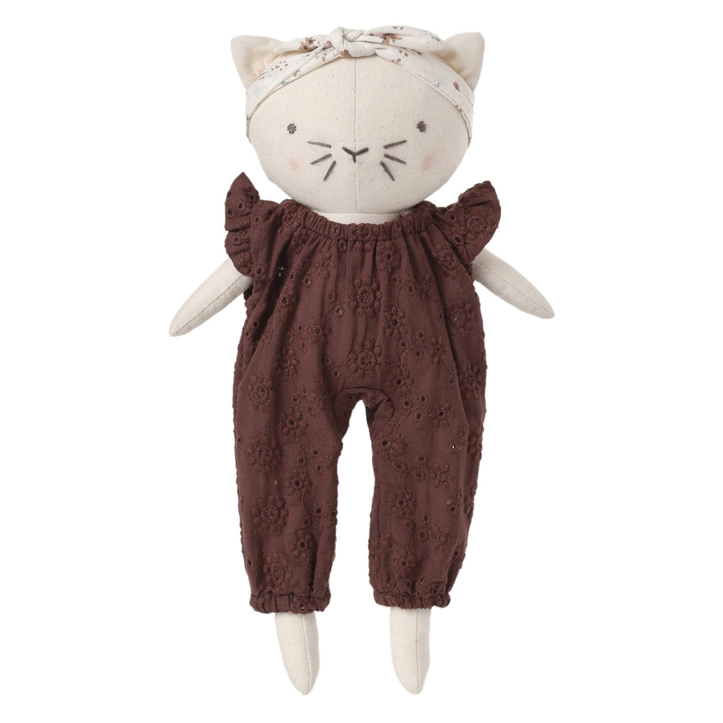 A plush cat doll with cream-colored fabric body, embroidered facial features, a matching cream headband with bow, and dark brown eyelet lace romper, centered on a light gray background.