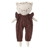 A plush cat doll with cream-colored fabric body, embroidered facial features, a matching cream headband with bow, and dark brown eyelet lace romper, centered on a light gray background.