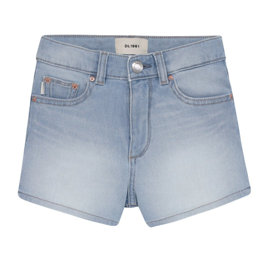 Light blue denim shorts on a white background
