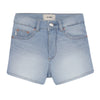 Light blue denim shorts on a white background