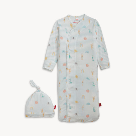 Baby gown with colorful patterns and matching hat 