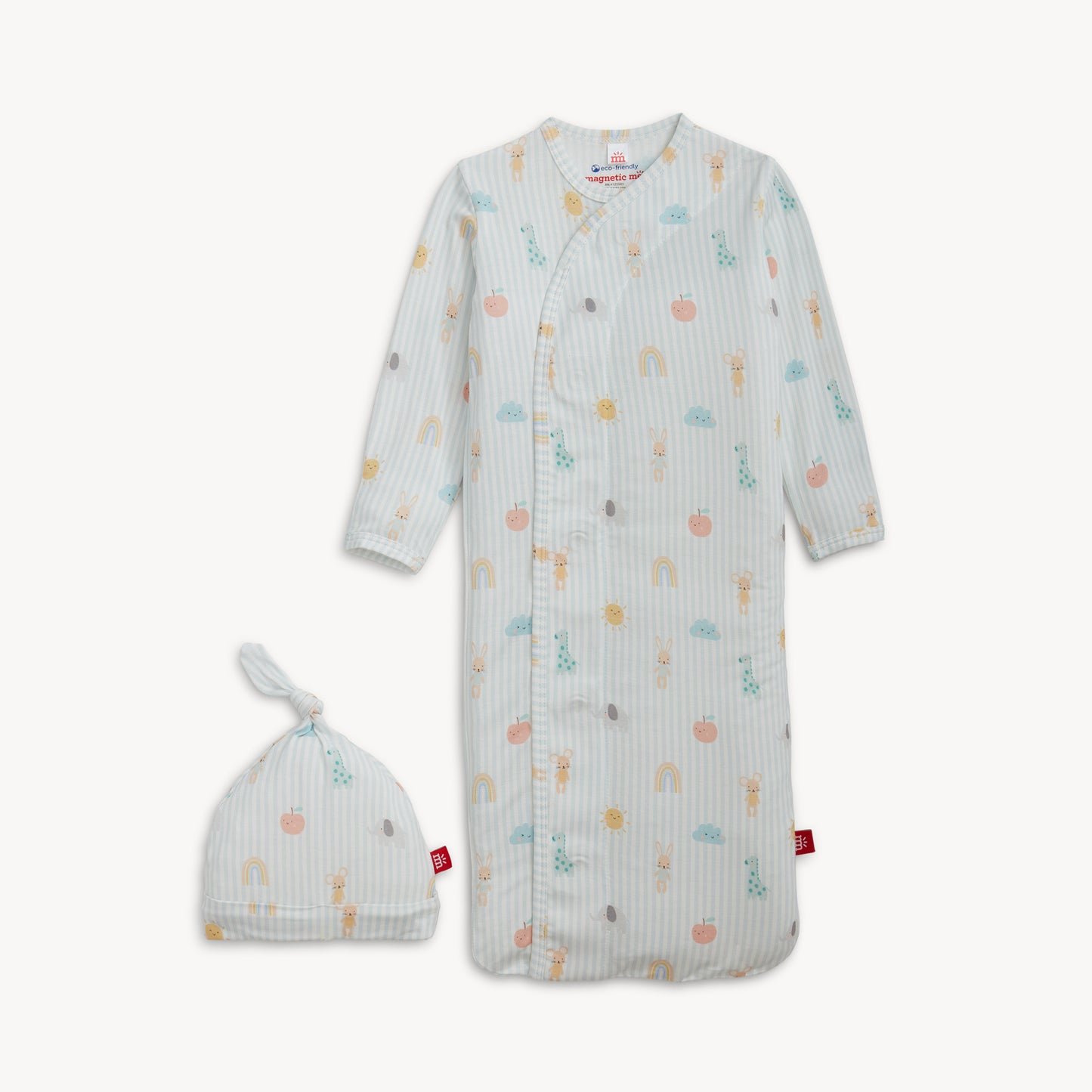 Baby gown with colorful patterns and matching hat 