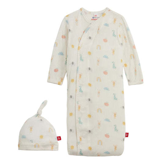 Baby gown with colorful patterns and matching hat