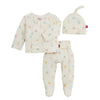 Baby outfit set with kimono top, footed pants, and hat 