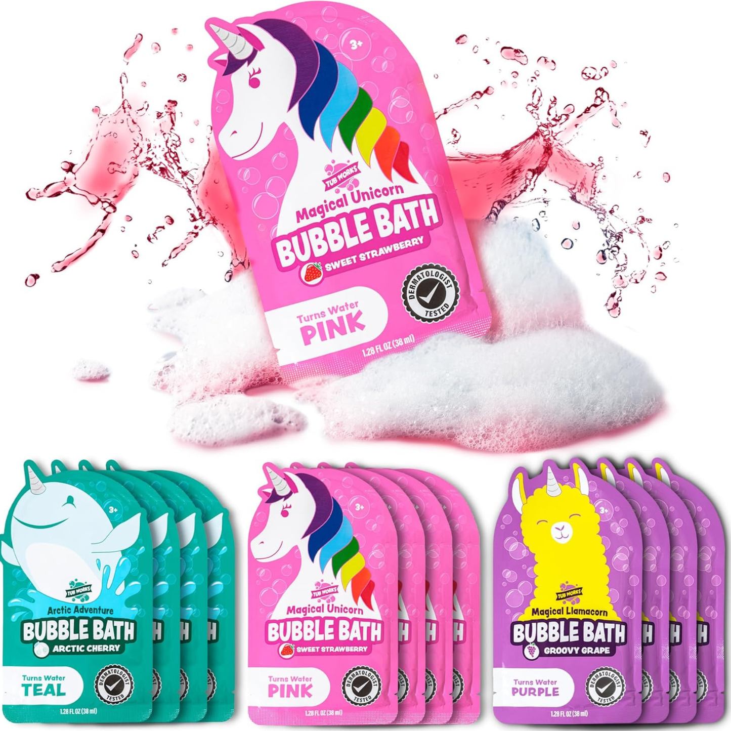 Colorful character-themed kids bubble bath pouches in assorted designs.