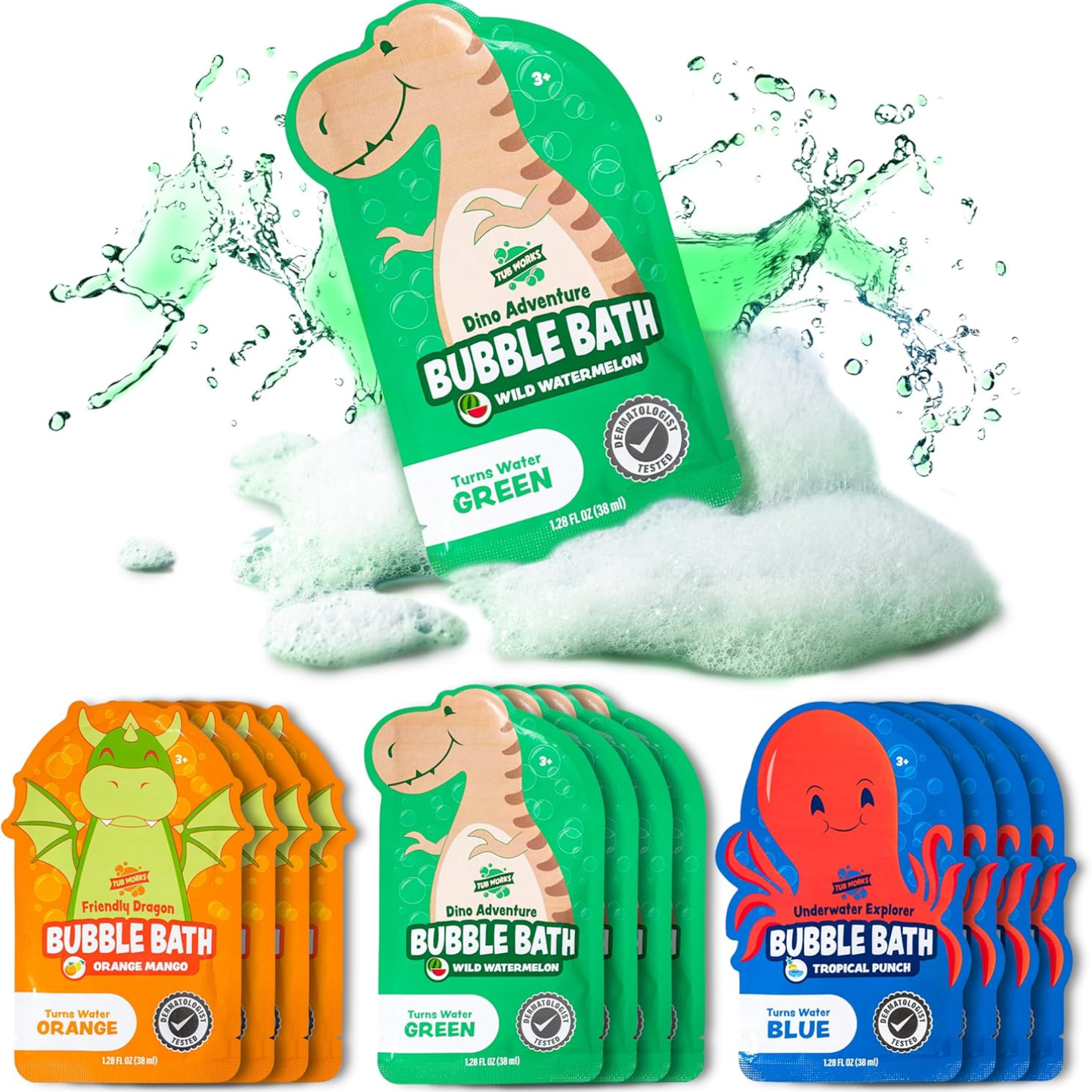 Colorful character-themed kids bubble bath pouches in assorted designs.