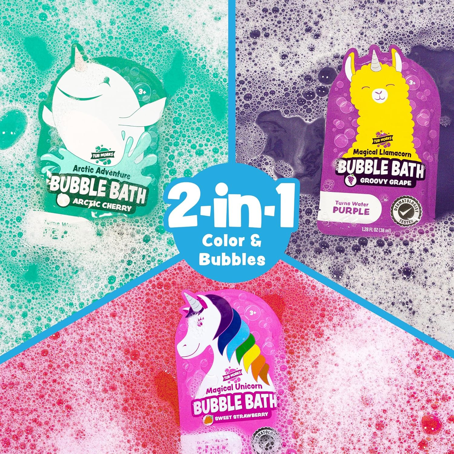 Colorful character-themed kids bubble bath pouches in assorted designs.