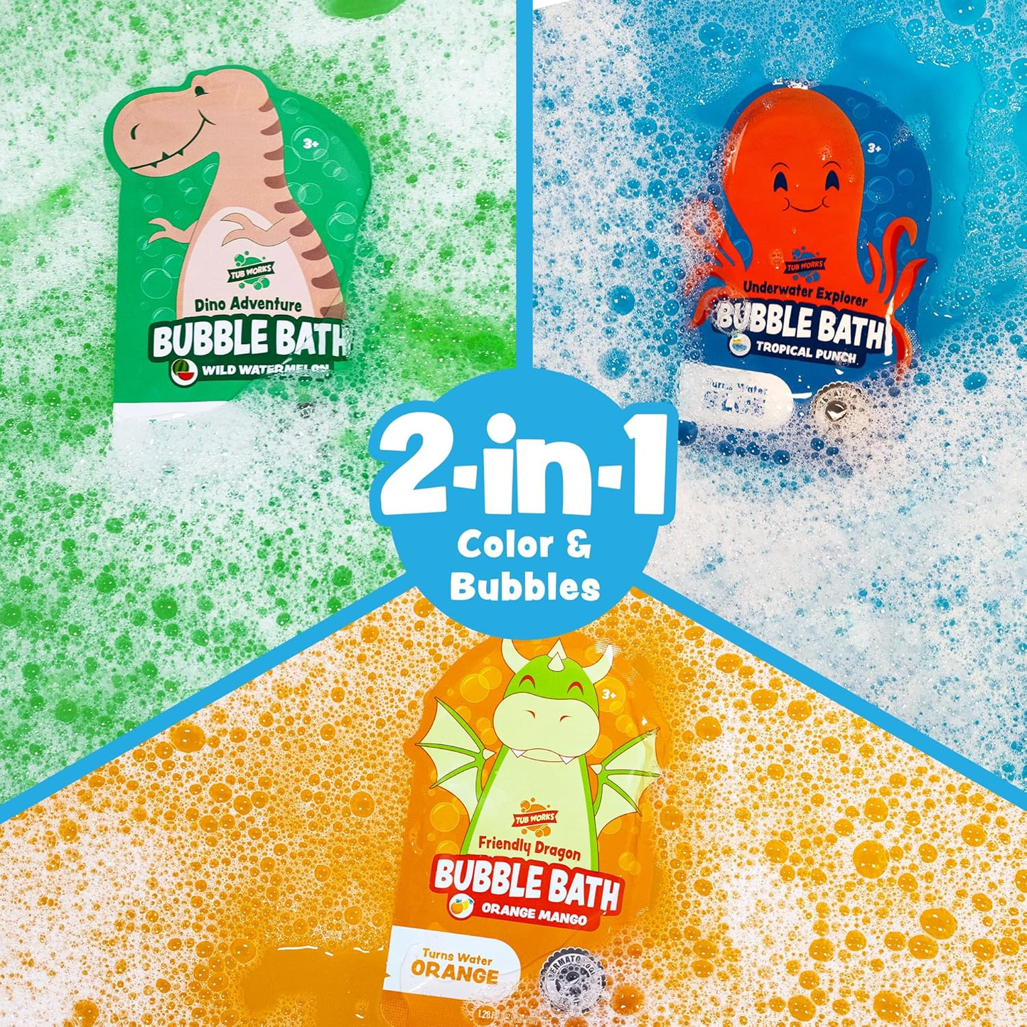 Colorful character-themed kids bubble bath pouches in assorted designs.