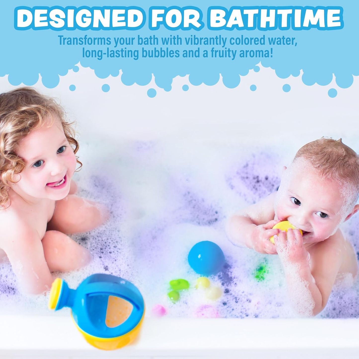 Colorful character-themed kids bubble bath pouches in assorted designs.