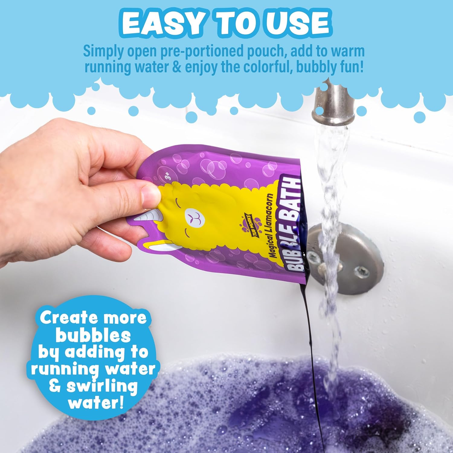 Colorful character-themed kids bubble bath pouches in assorted designs.