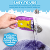 Colorful character-themed kids bubble bath pouches in assorted designs.