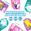 Colorful character-themed kids bubble bath pouches in assorted designs.
