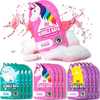 Colorful character-themed kids bubble bath pouches in assorted designs.