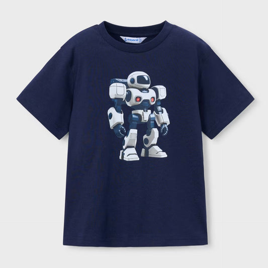 Navy blue t-shirt with a robot graphic on a light gray background