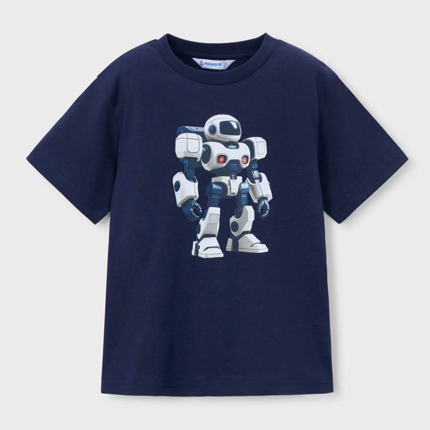 Navy blue t-shirt with a robot graphic on a light gray background