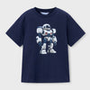 Navy blue t-shirt with a robot graphic on a light gray background