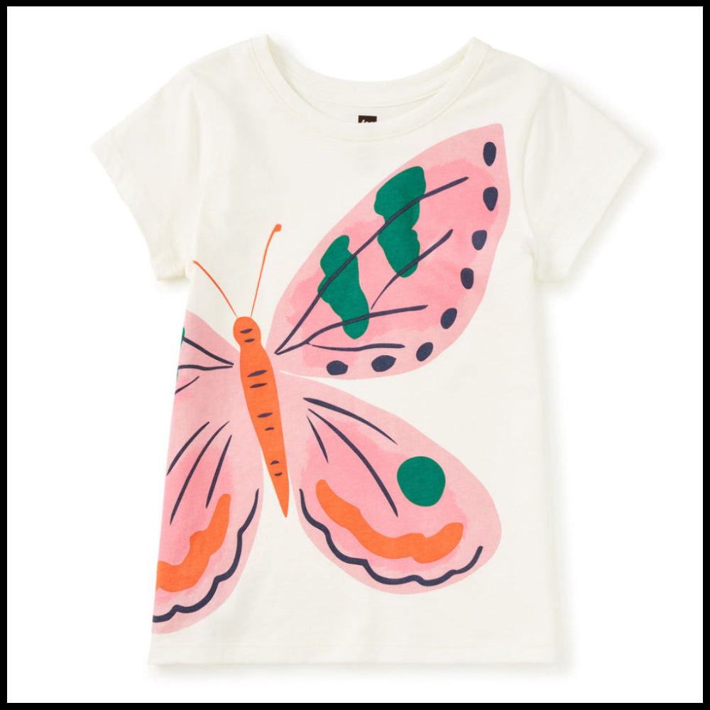 White t-shirt with a pink butterfly design on a white background