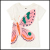 White t-shirt with a pink butterfly design on a white background