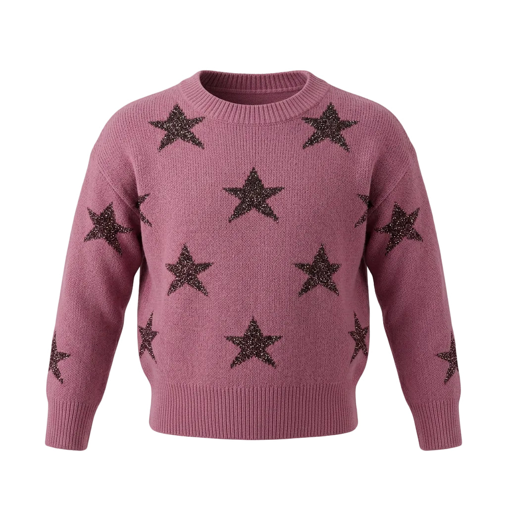 A dusty rose pink knit sweater with black glittery star patterns