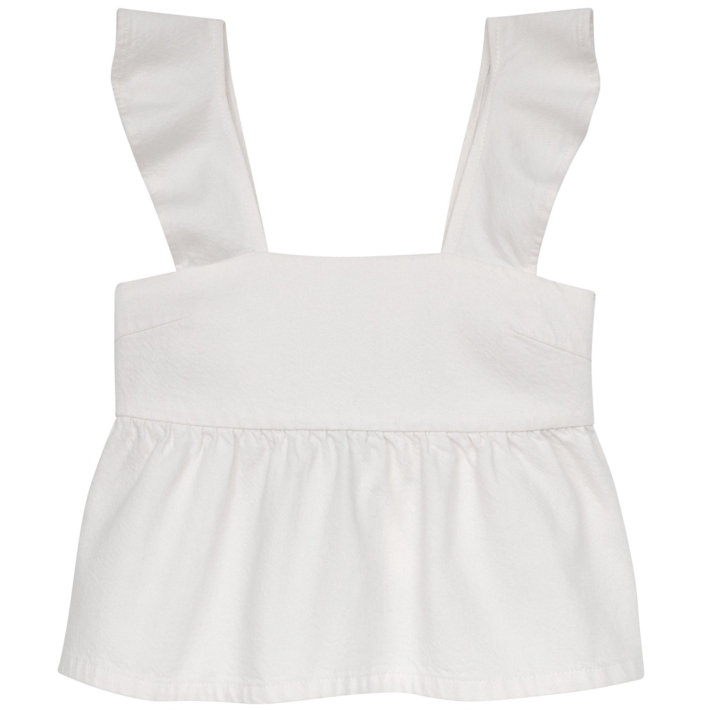 White top with ruffled straps on a white background