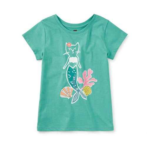 Teal tee with graphic of cat with mermaid tail