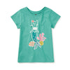Teal tee with graphic of cat with mermaid tail