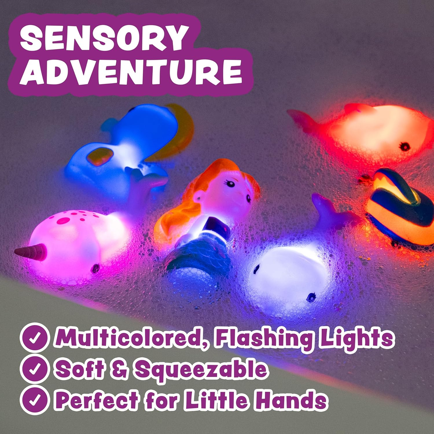 Colorful mermaid and sea creature bath toys on white background.