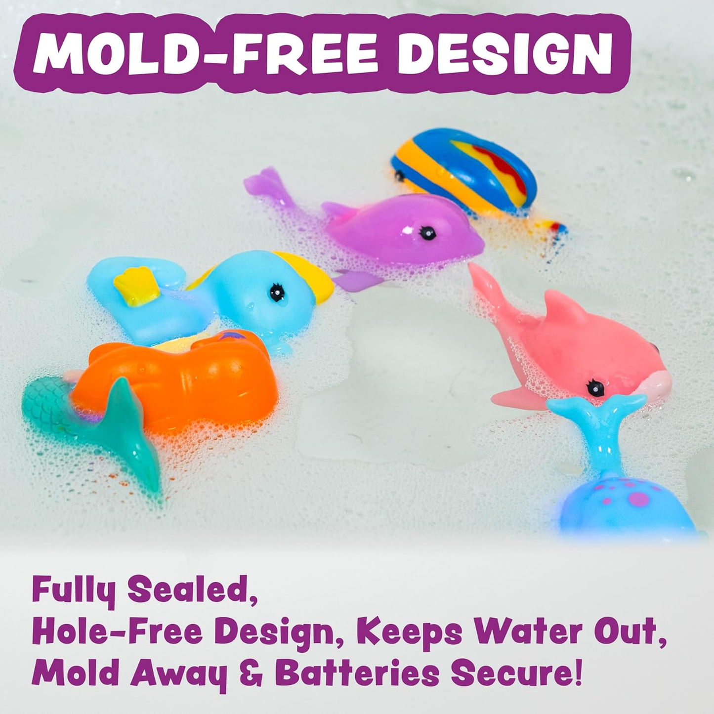 Colorful mermaid and sea creature bath toys on white background.