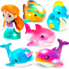 Colorful mermaid and sea creature bath toys on white background.