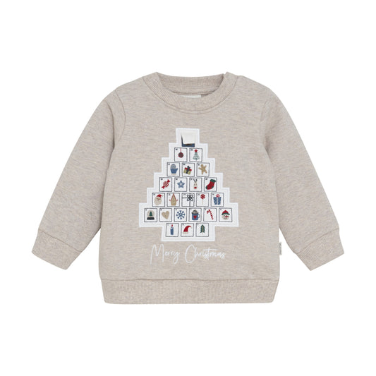 Beige sweatshirt with Christmas tree design and 'Merry Christmas' text on a white background