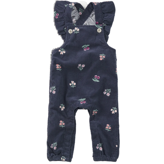 A baby's navy corduroy overall romper with a cherry and floral print, featuring ruffled shoulder straps and snap closures, shown flat on a white background.