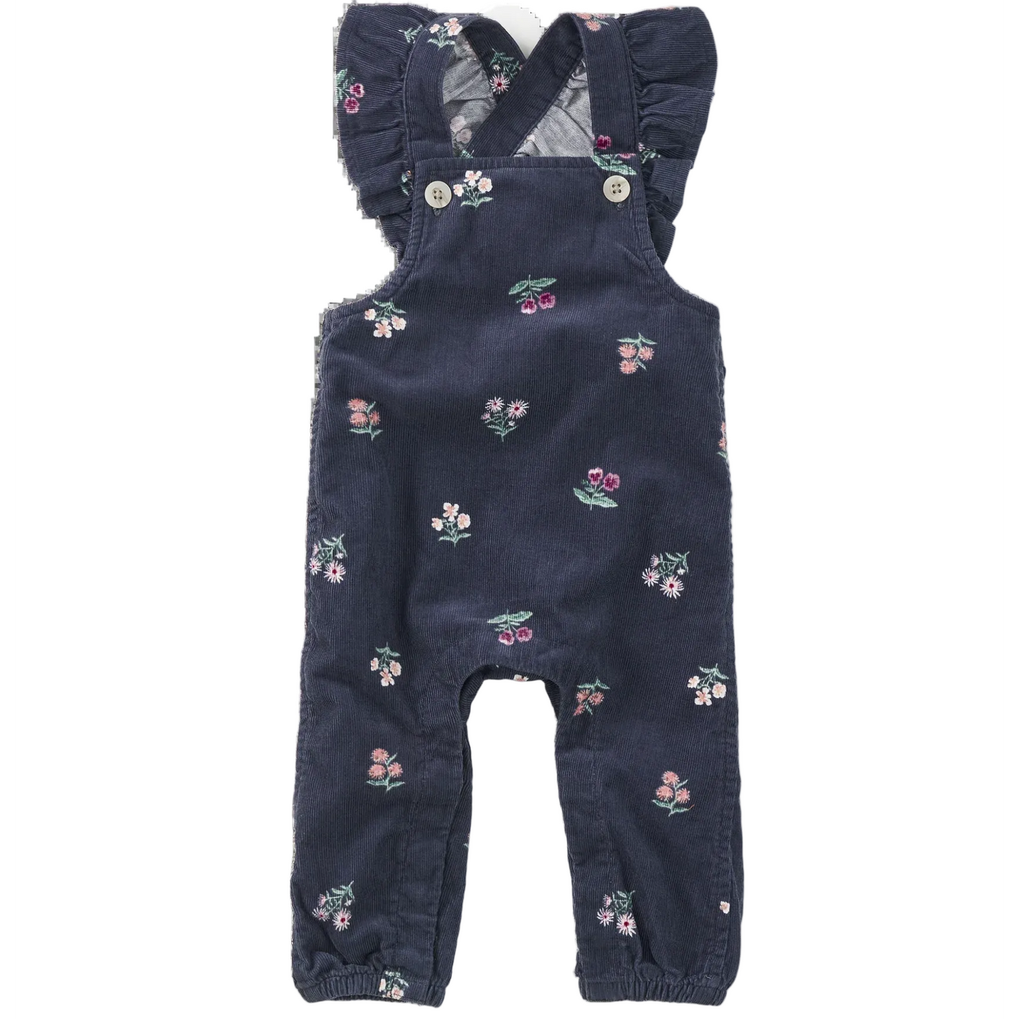 A baby's navy corduroy overall romper with a cherry and floral print, featuring ruffled shoulder straps and snap closures, shown flat on a white background.