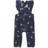 A baby's navy corduroy overall romper with a cherry and floral print, featuring ruffled shoulder straps and snap closures, shown flat on a white background.