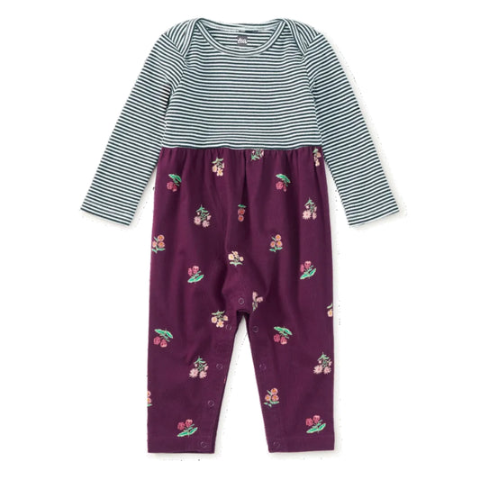 A baby long-sleeve romper with a navy and white striped top and dark purple pants featuring a cherry print, shown flat on a white background.