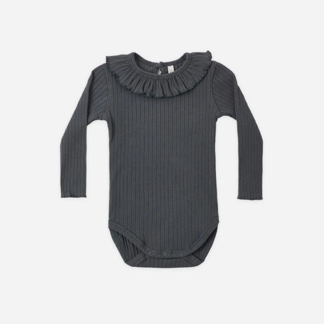 A dark gray ribbed long-sleeve baby bodysuit with a ruffled collar, displayed flat against a light gray background.