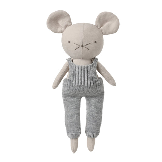 A plush mouse toy with large ears, a cream-colored face and limbs, and a gray knit jumpsuit, centered on a plain white background.