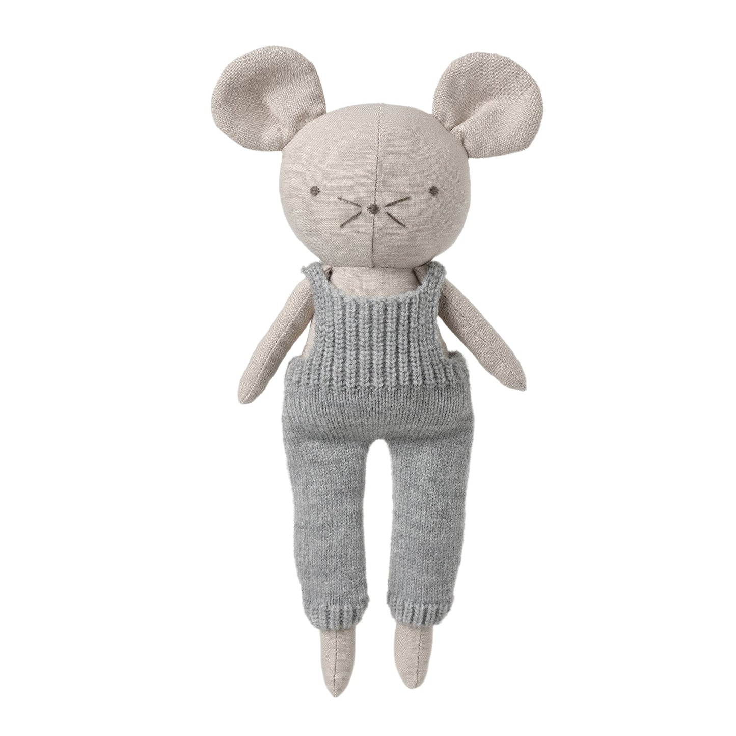 A plush mouse toy with large ears, a cream-colored face and limbs, and a gray knit jumpsuit, centered on a plain white background.