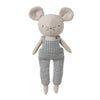 A plush mouse toy with large ears, a cream-colored face and limbs, and a gray knit jumpsuit, centered on a plain white background.