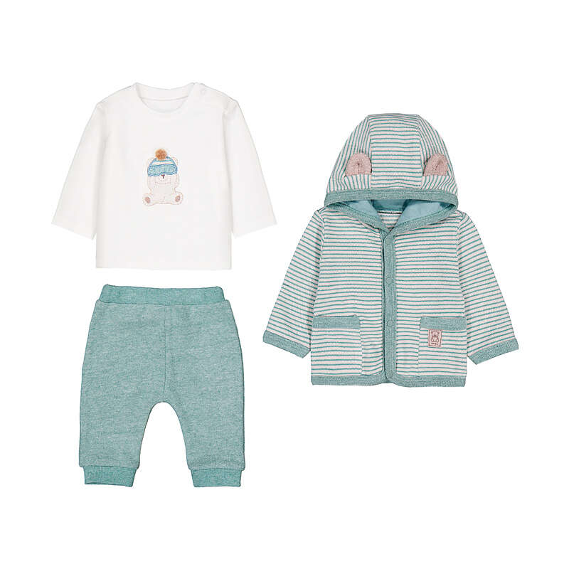 Children's outfit set with a white shirt, green pants, and striped jacket on a white background
