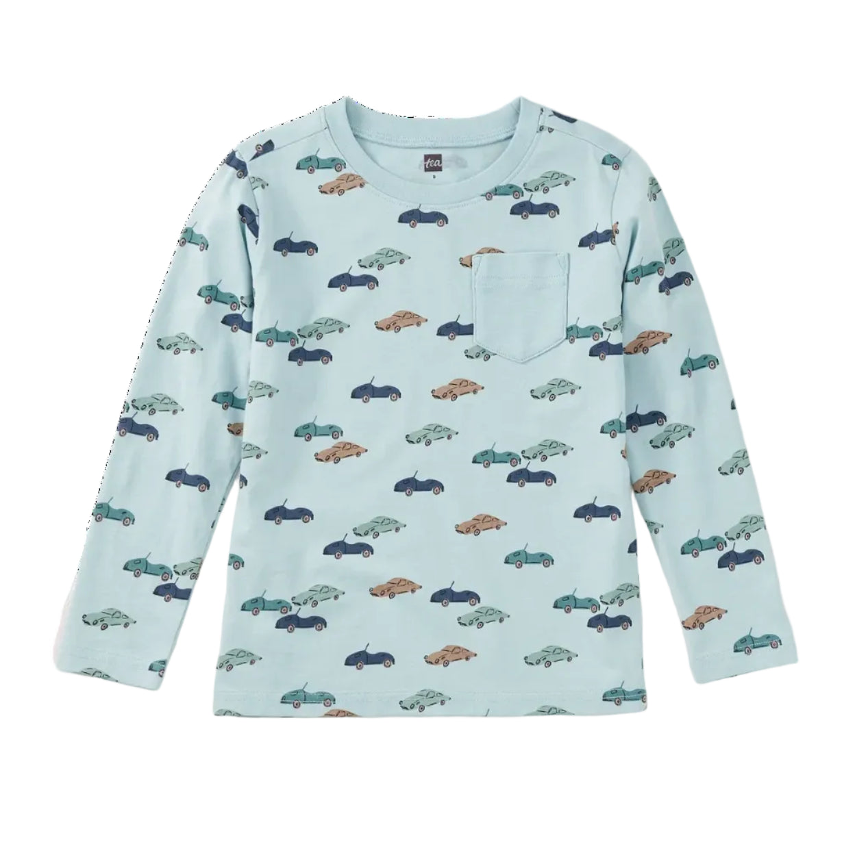 A light blue long-sleeve children's top with an allover pattern of small cars in navy, teal, and brown, featuring a left chest pocket.