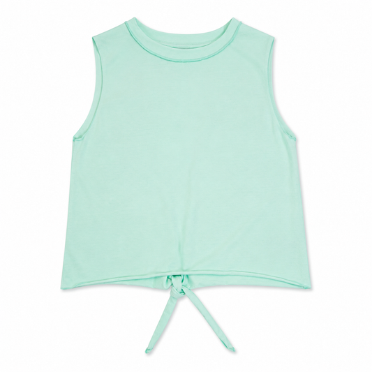Mint green sleeveless top with a tie detail on a white background