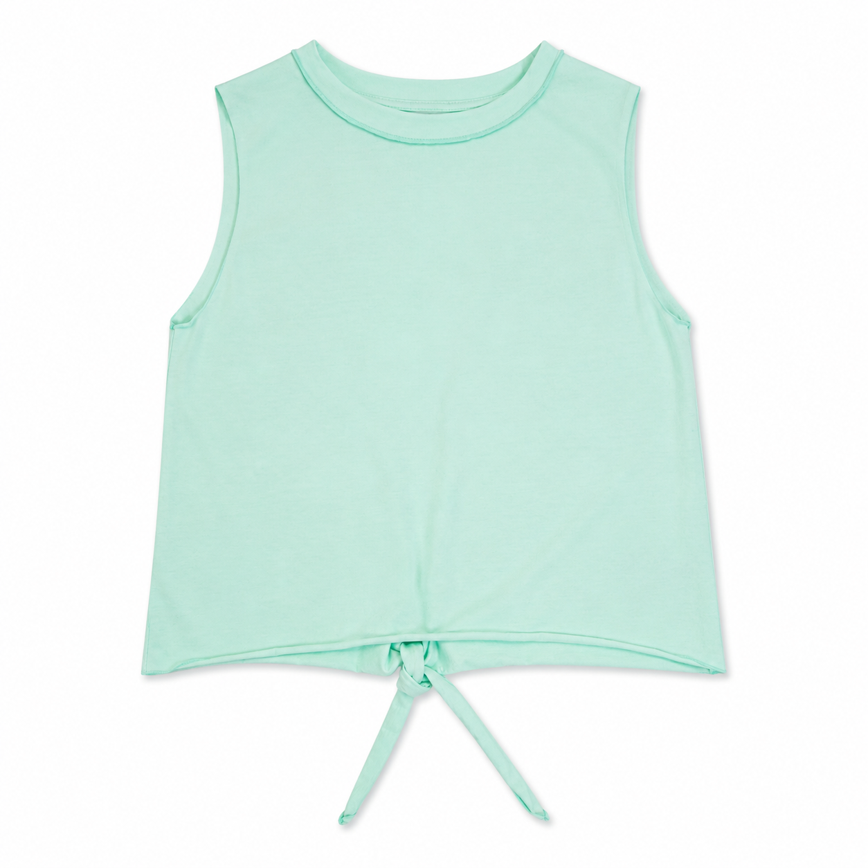 Mint green sleeveless top with a tie detail on a white background