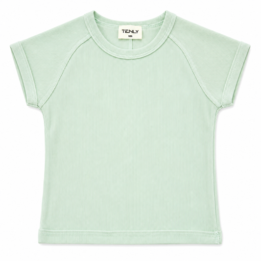 Light green ribbed t-shirt with short sleeves on a white background