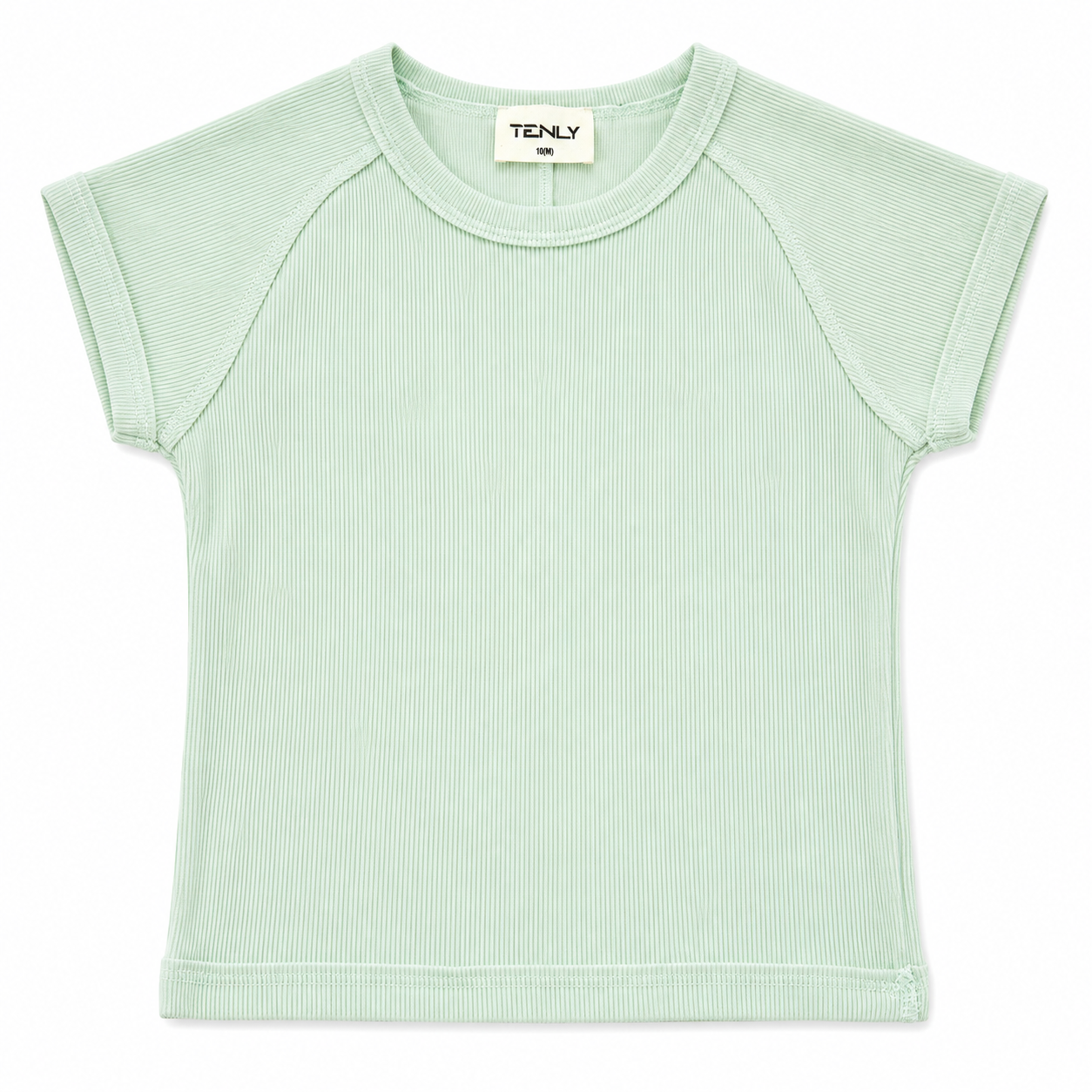 Light green ribbed t-shirt with short sleeves on a white background