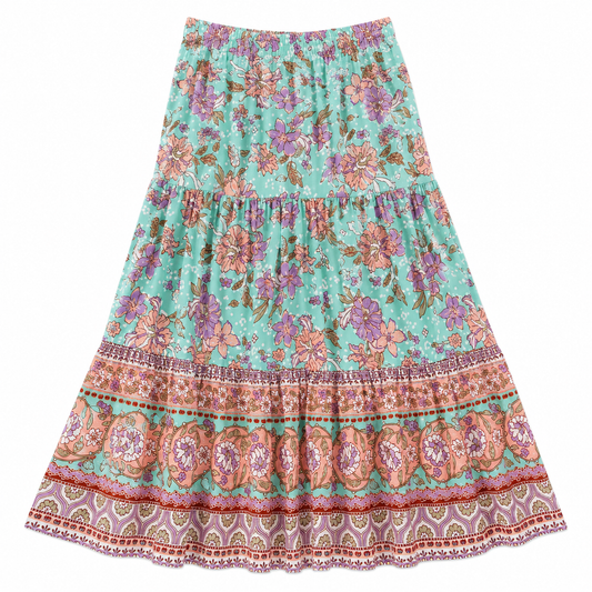 Floral patterned skirt with a colorful border on a white background