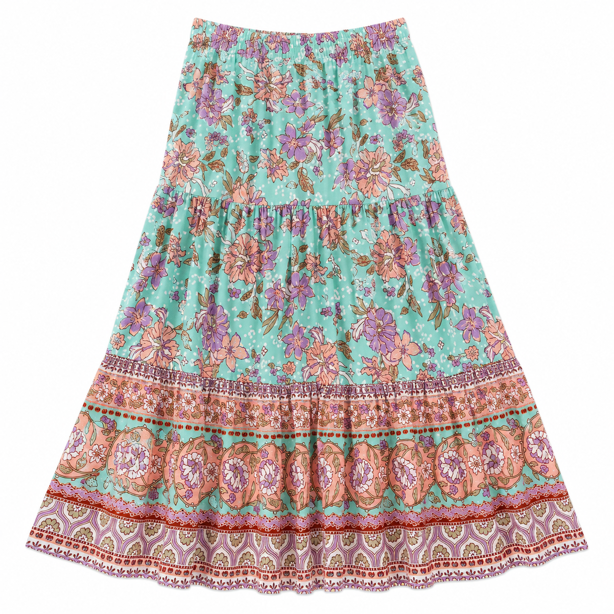 Floral patterned skirt with a colorful border on a white background