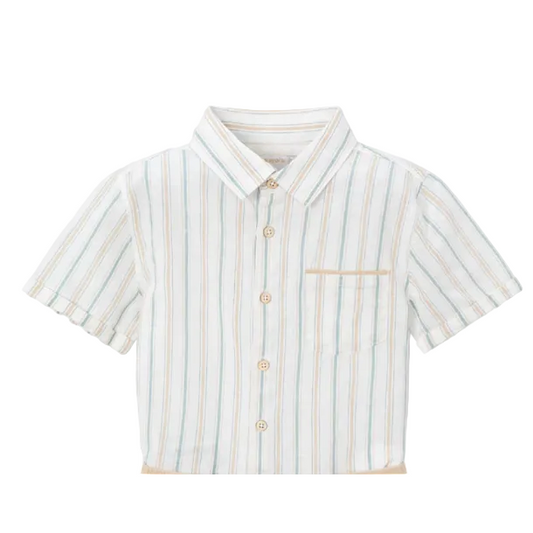 Mocha and aqua striped pattern button up shirt with pocket
