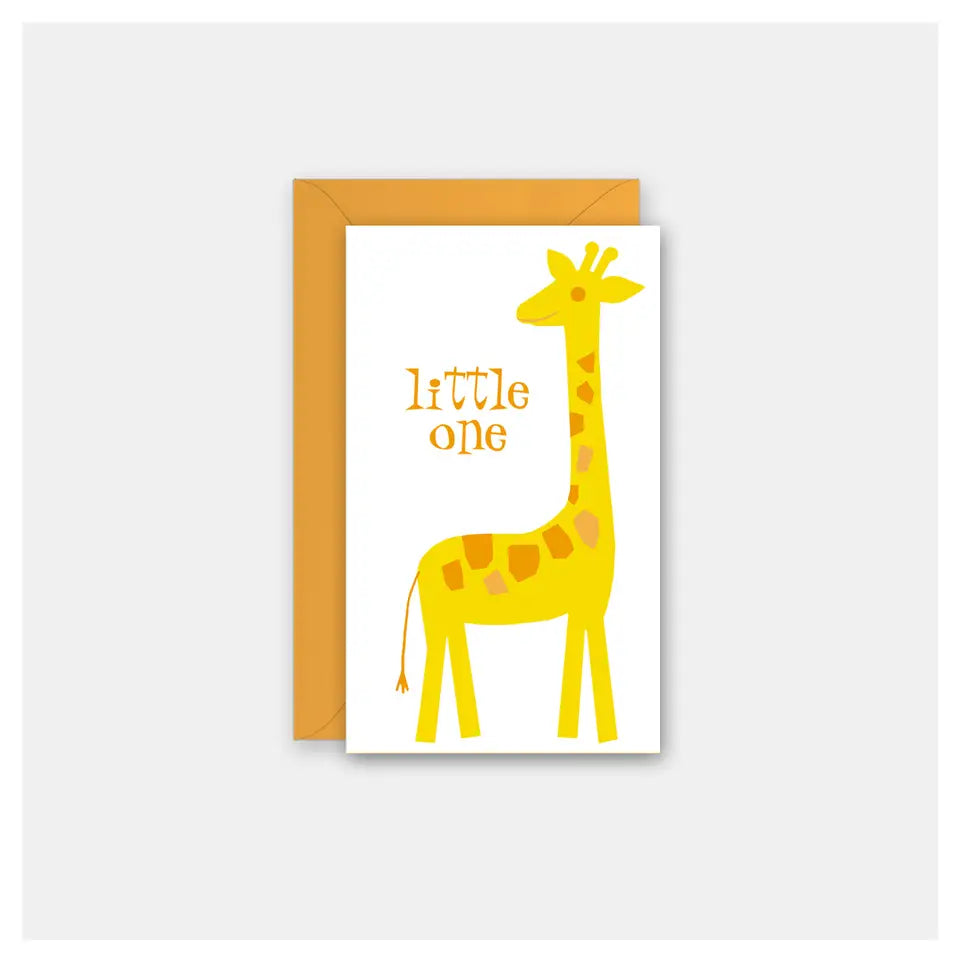 Greeting card with a yellow giraffe illustration and 'little one' text on a white background.